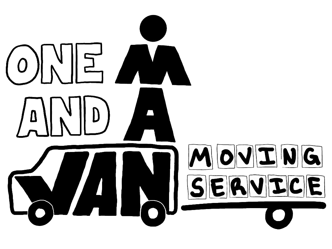 Hand-drawn Logo. One man and a van moving service. The letters "V A N" fit into the shape of a van. A Stick-figure style man is cleverly made out of the letters "M A" standing directly above the letter "N" in "VAN" to visually complete the word "MAN". A simple trailer behind the van is "towing" boxes spelling the words "moving service".