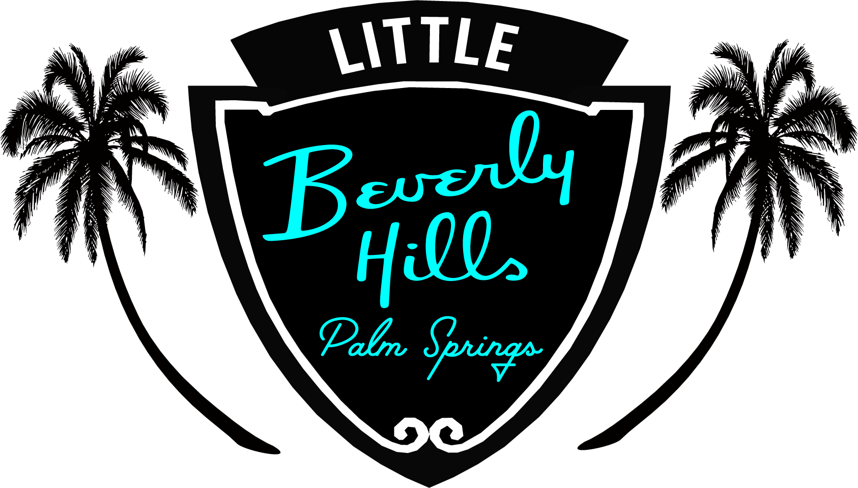 Little Beverly Hills Palm Springs, CA neighborhood organization logo which appears like the legacy vintage sign surrounded by palm trees with a vintage font typestyle.