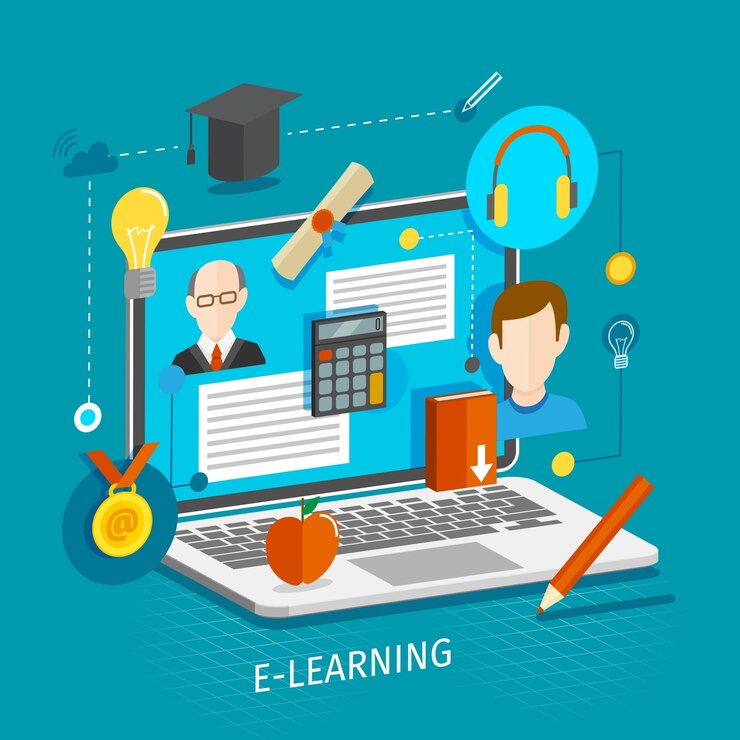 E-learning concept featuring a laptop, tablet, pen, book, and multiple calculators arranged on a desk.