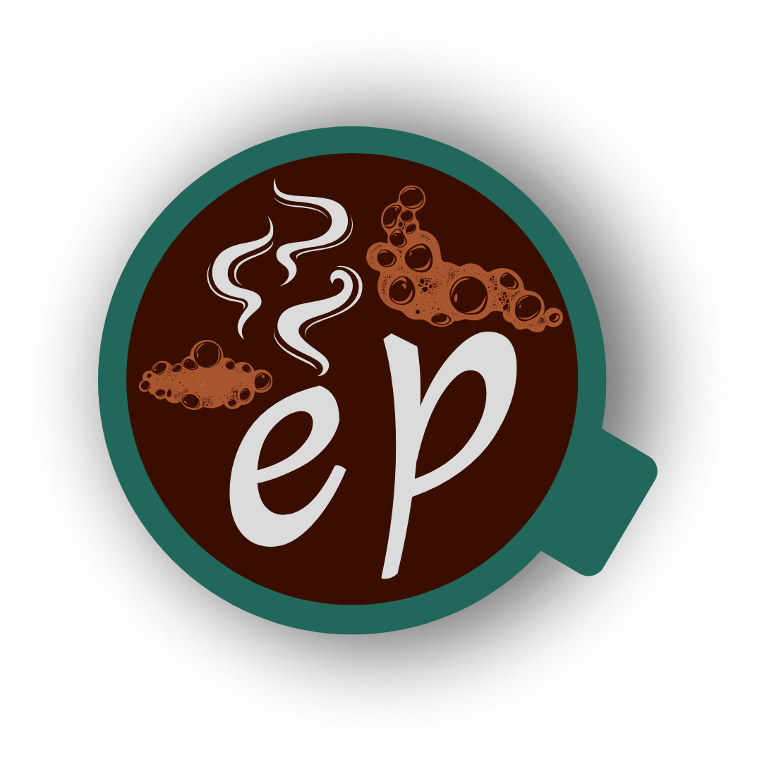 EP Café logo - top view illustration of a mug of coffee with EP in thecentre and foam around the edged.