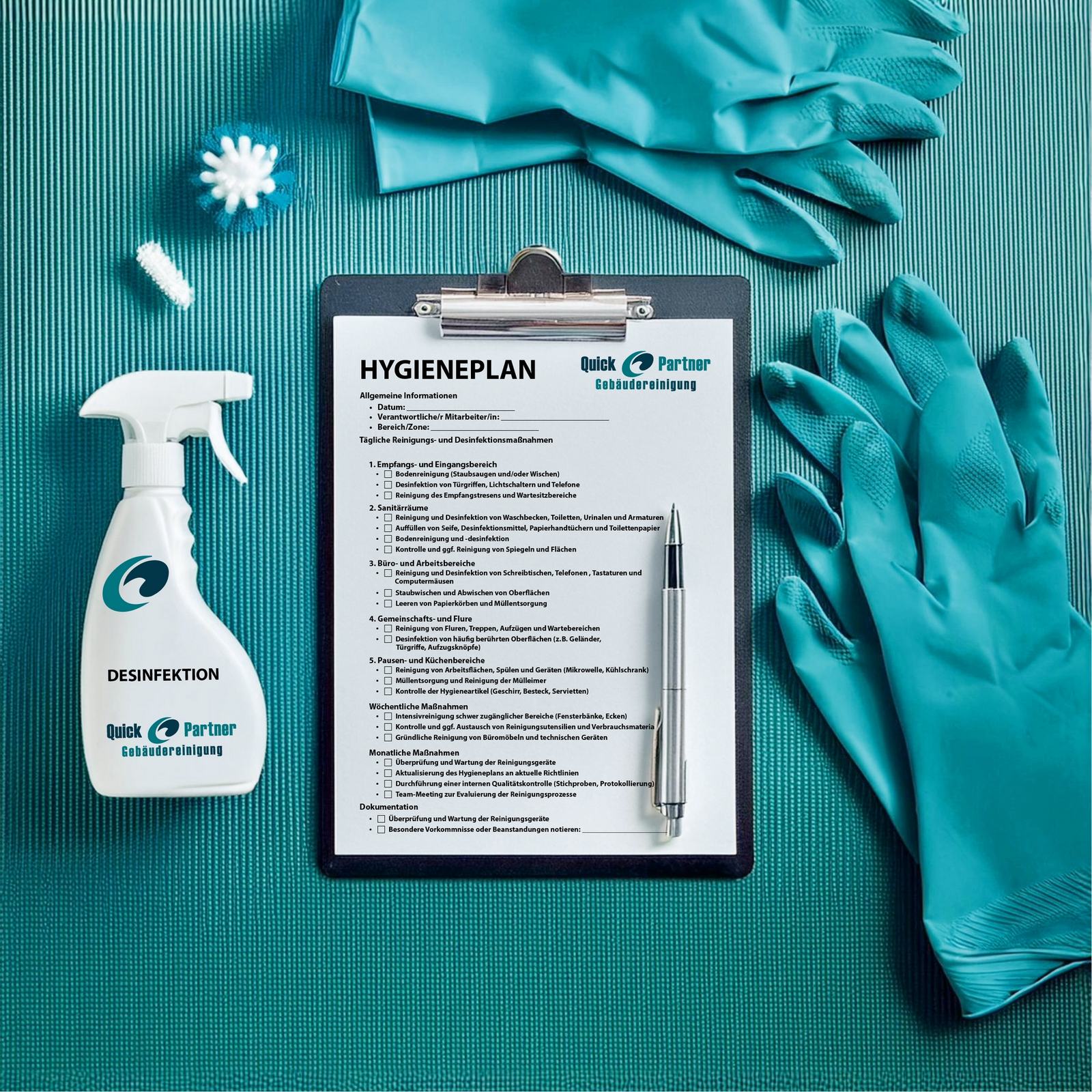 Hygieneplan auf einem Klemmbrett mit Desinfektionsmittel und Handschuhen