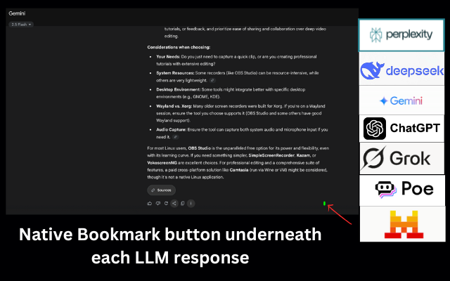 A screenshot showing the ThinkGPT bookmark icon next to an AI response in a chat interface.