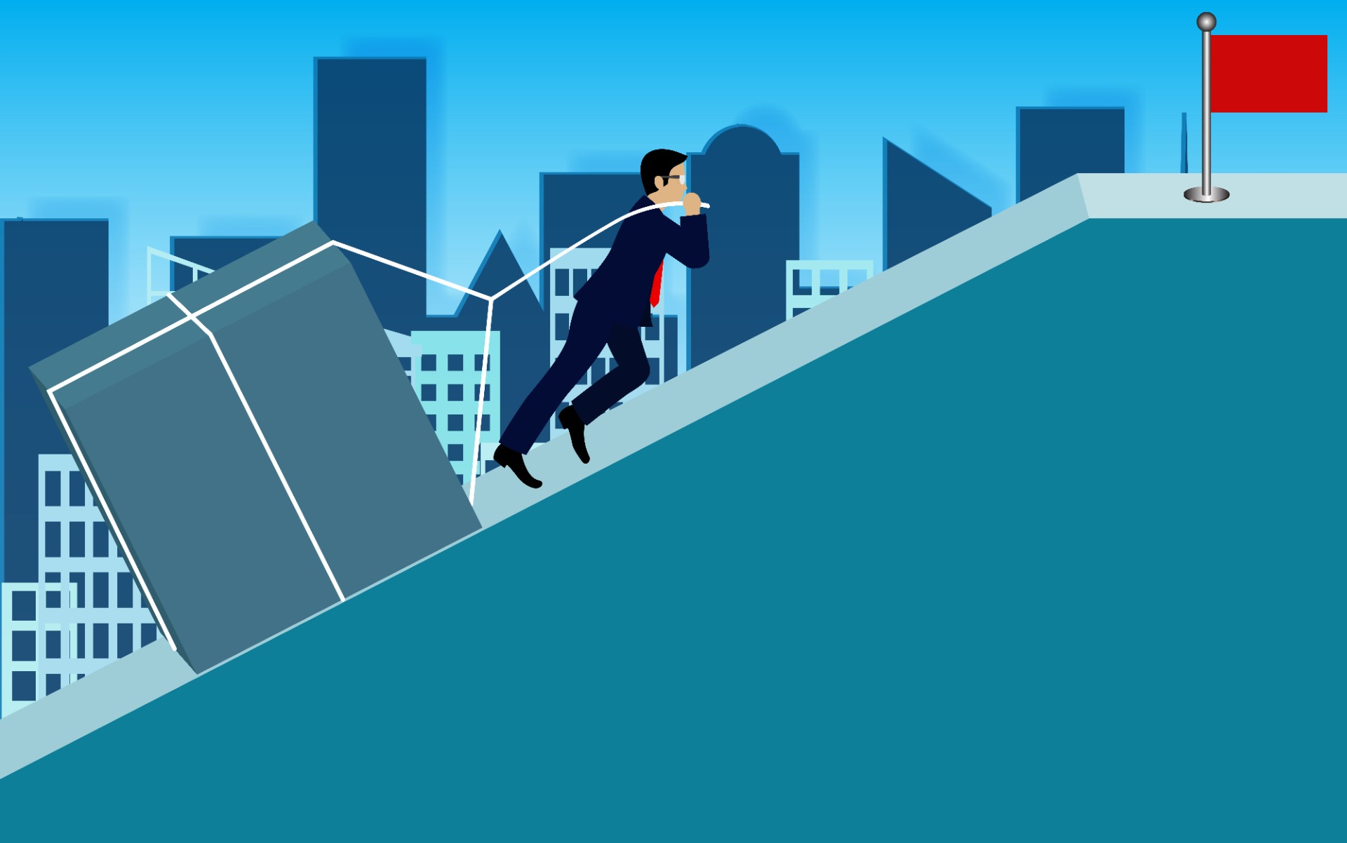 Cartoon illustration of a man in a suit pulling a heavy block uphill, symbolizing perseverance, leadership, and overcoming challenges