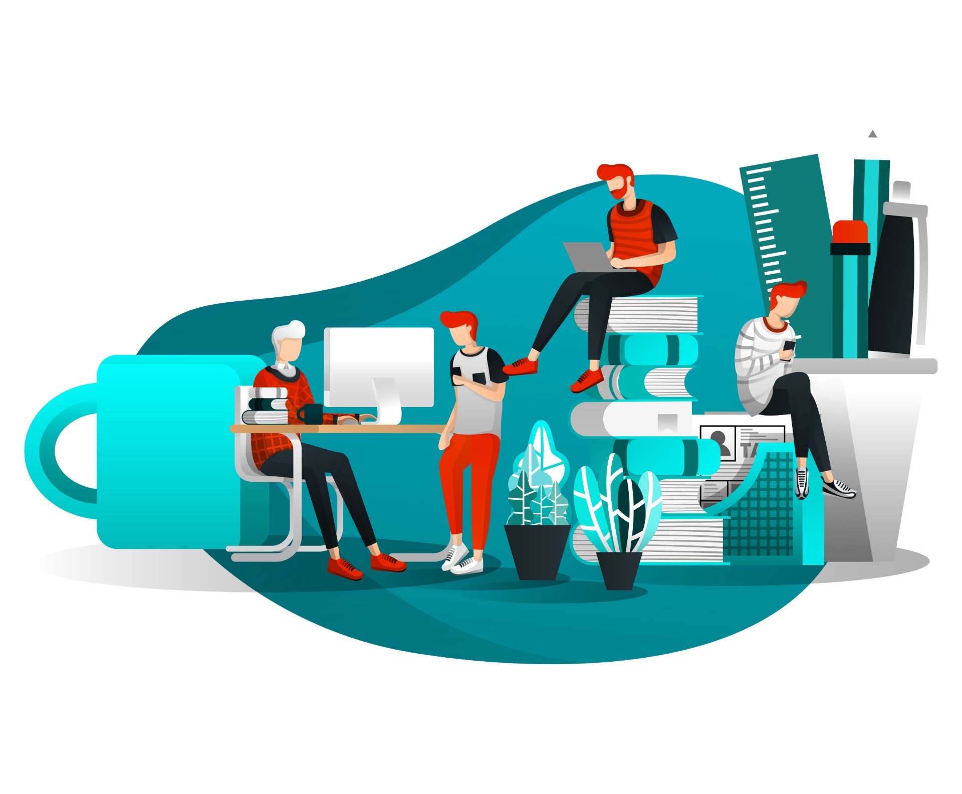 Cartoon illustration of modern employees working in a hybrid environment with both remote and in-office collaboration