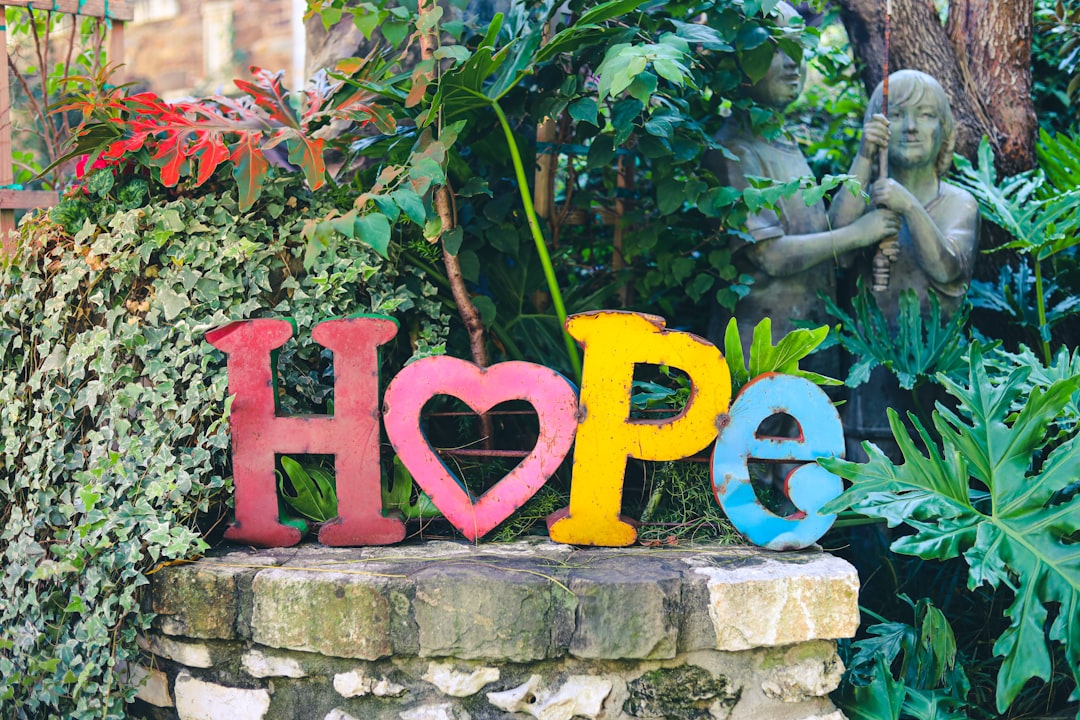 Photo of the word HOPE spelled out with large letters arranged in a garden, symbolizing growth, optimism, and emotional resilience