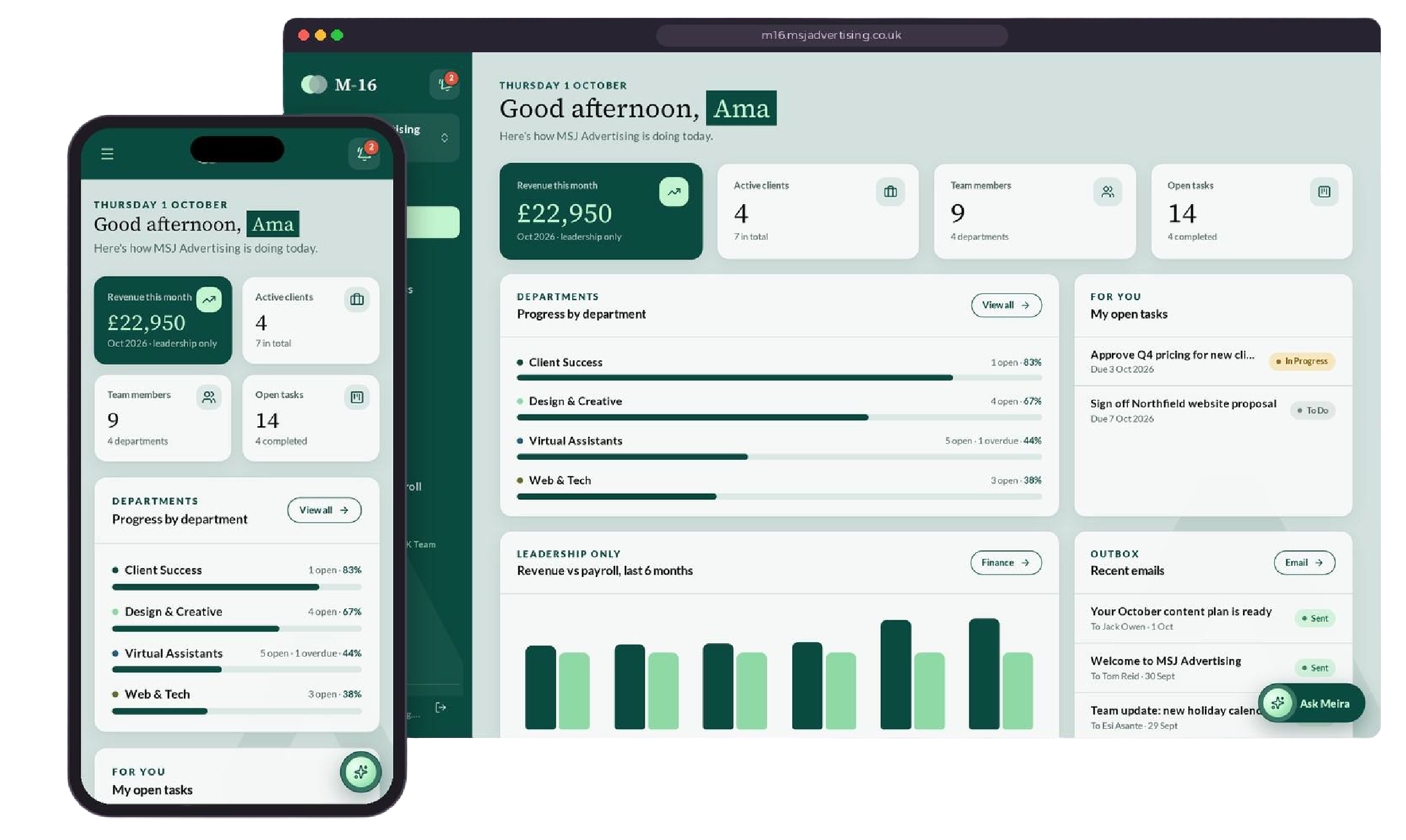 Meira 16 sales CRM pipeline dashboard showing lead tracking columns and deal management analytics