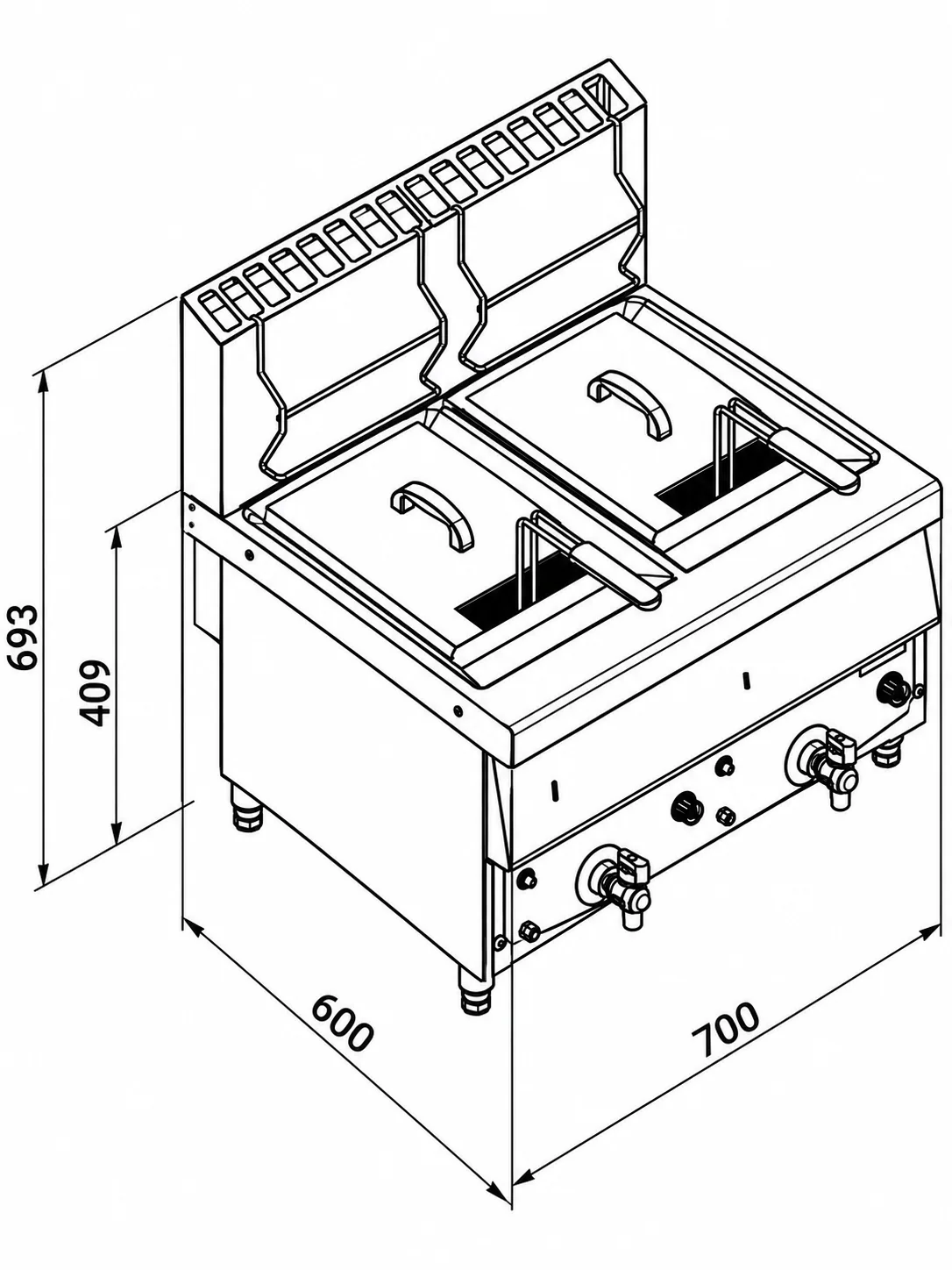 Technische Zeichnung der GT 10 + 10 Doppelfritteuse