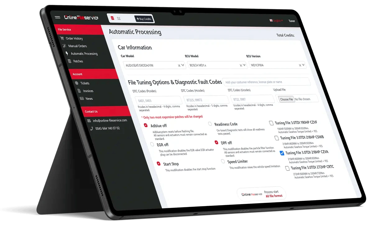Funktionsübersicht des Chiptuning-Portals mit automatisierter Dateibearbeitung und Echtzeit-Tuning