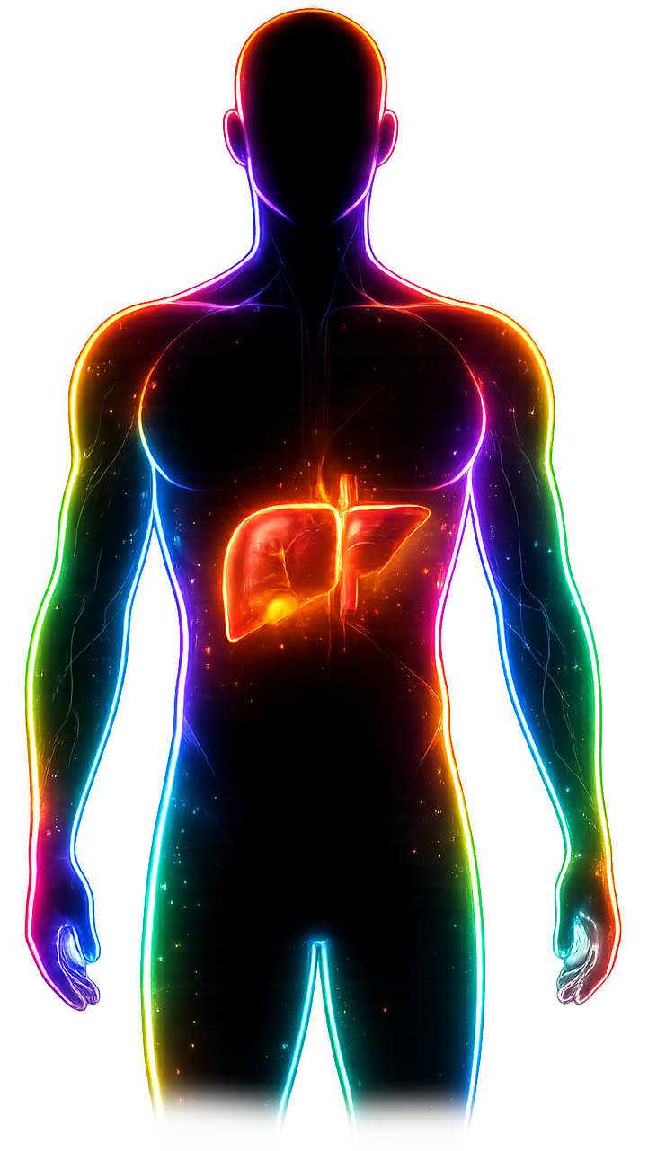 Neon human body outline with highlighted liver