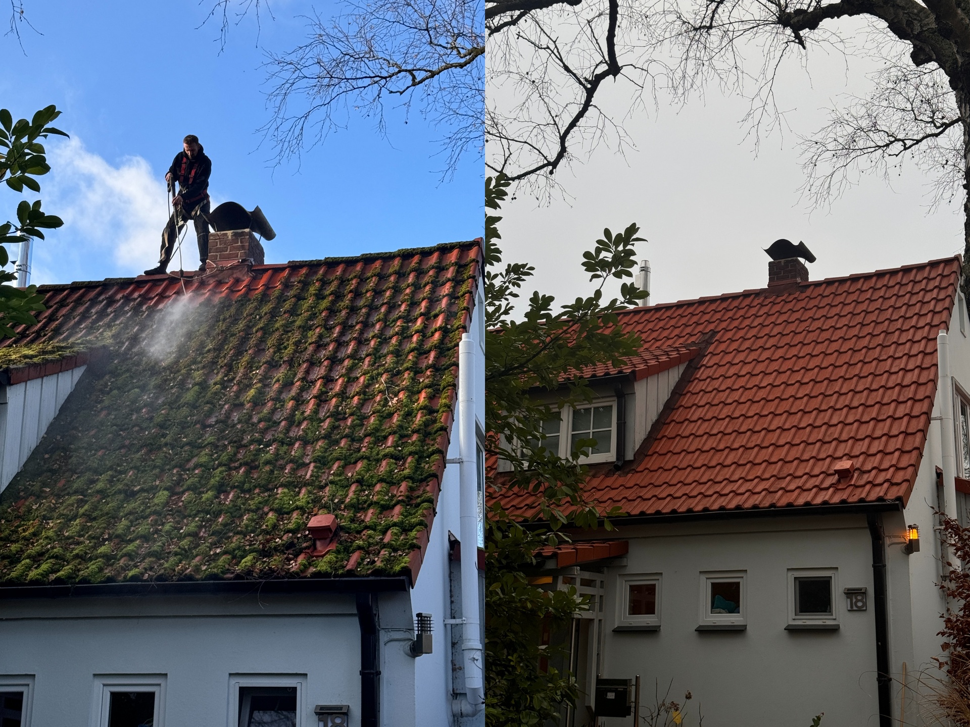 Dachreinigung Vorher/Nachher Moos Einfamilienhaus Satteldach