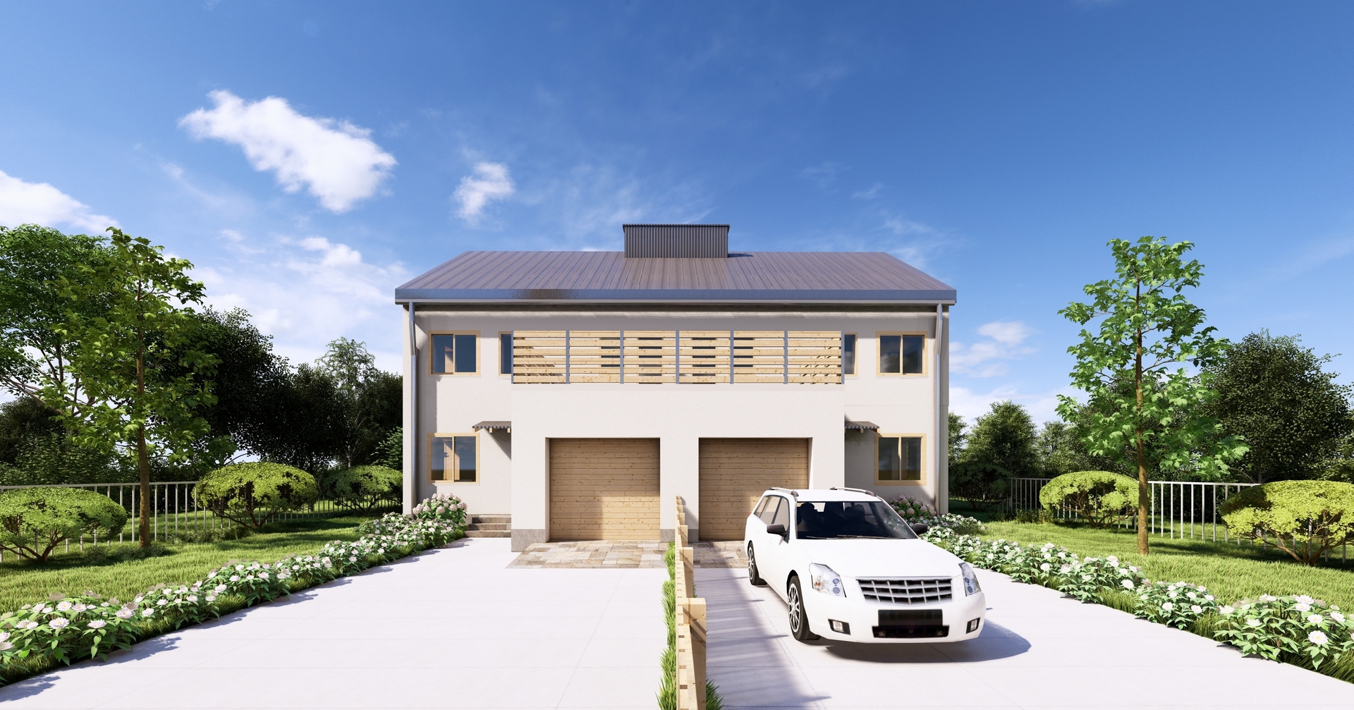Wizualizacja budynku mieszkalnego jednorodzinnego od strony osi symetrii