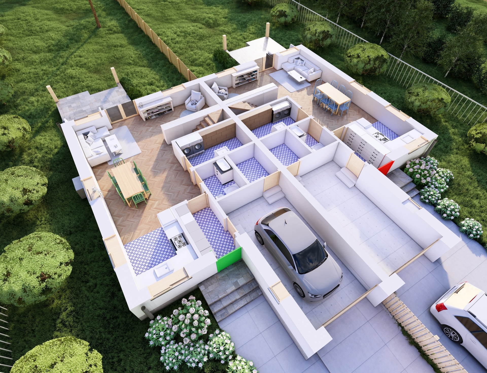 Wizualizacja przekrój budynku z zaznaczeniem pomieszczeń od frontu