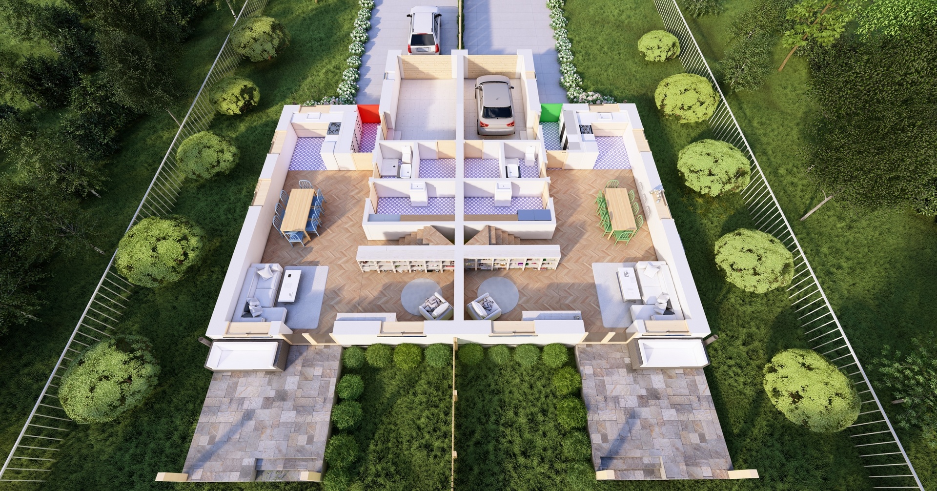 Wizualizacja przekrój budynku z zaznaczeniem pomieszczeń od strony ogrodu