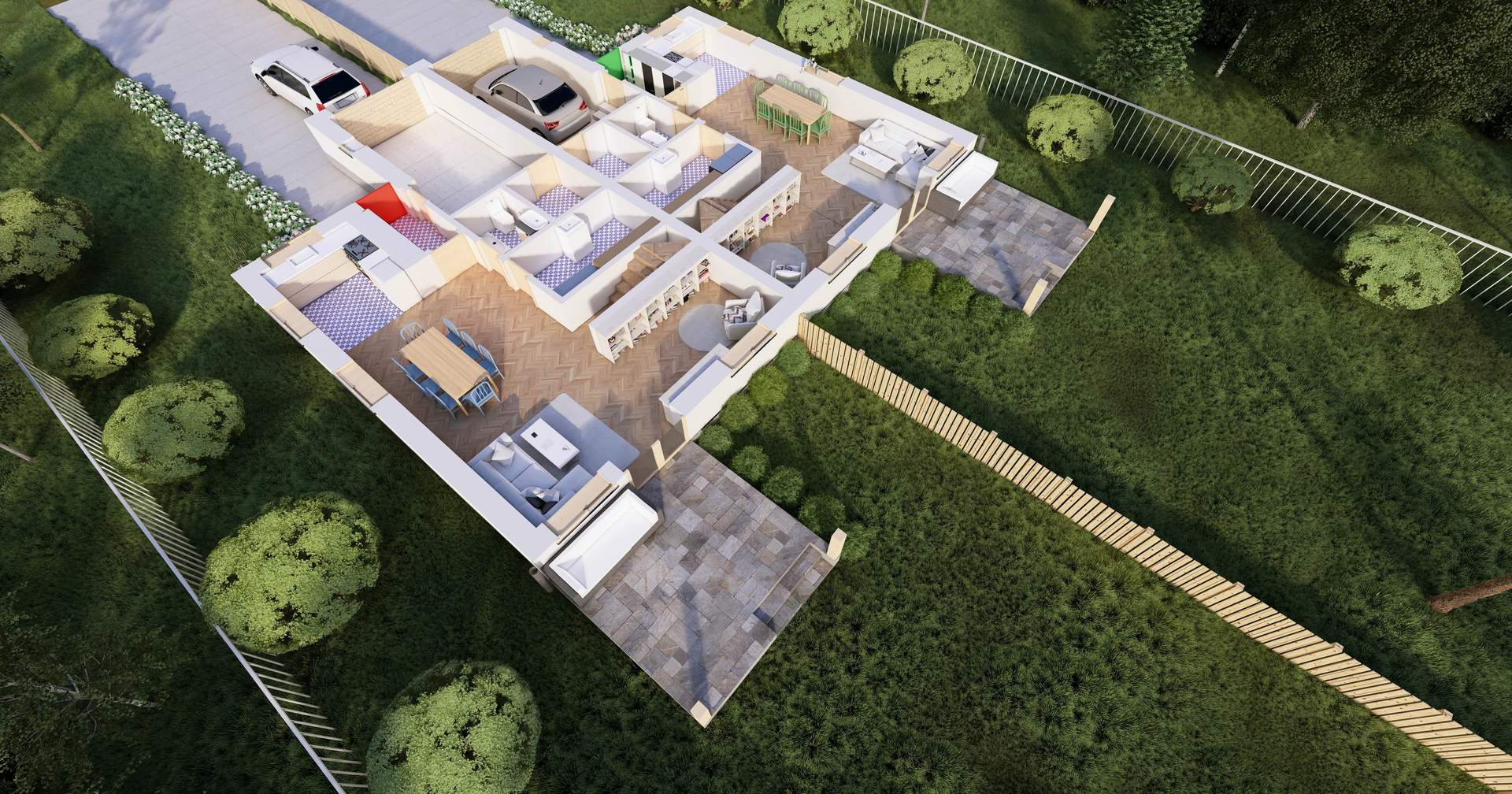 Wizualizacja przekrój budynku z zaznaczeniem pomieszczeń od storny tarasu