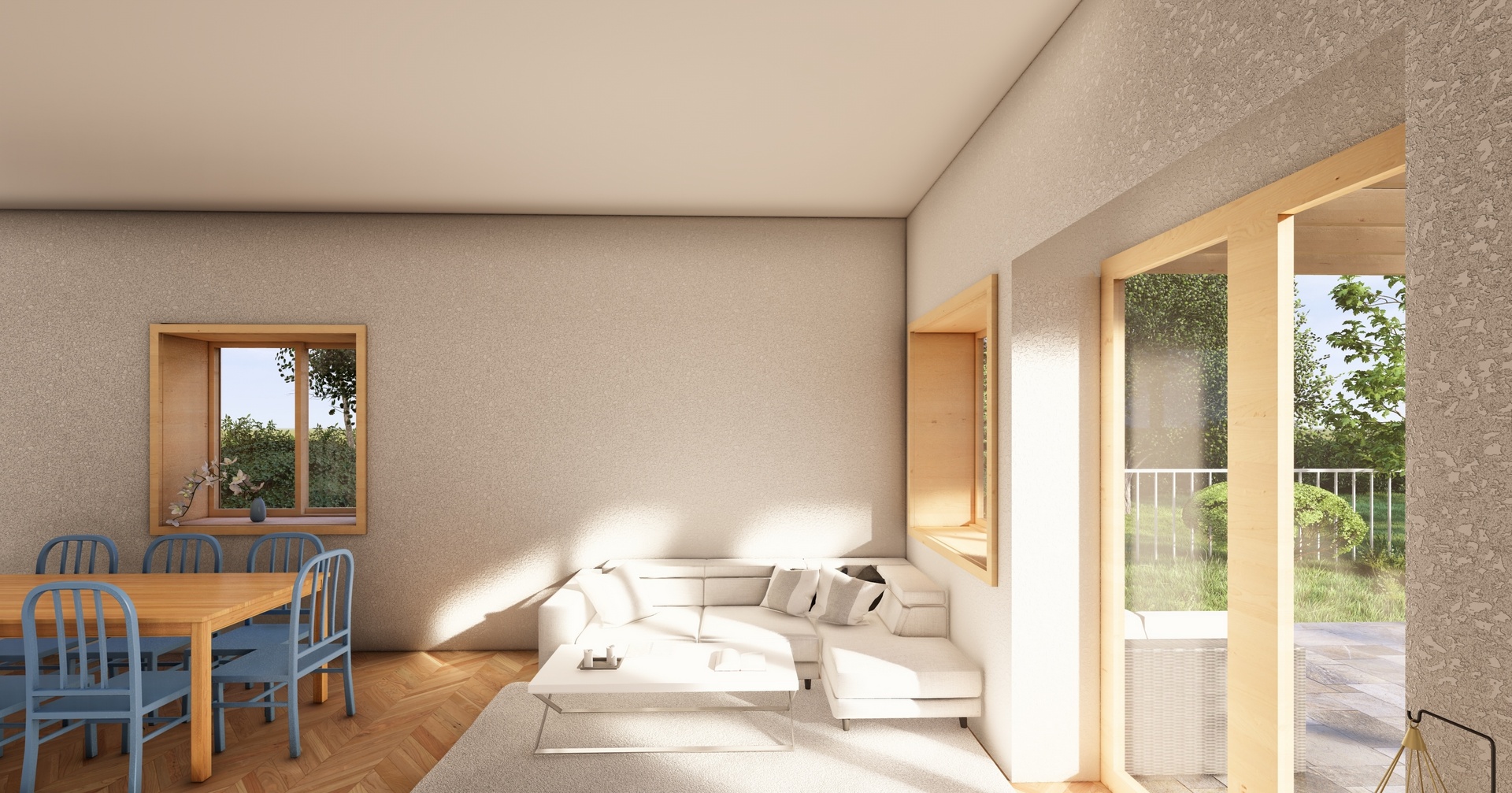 Wizualizacja wnętrza salonu z widokiem na ogród