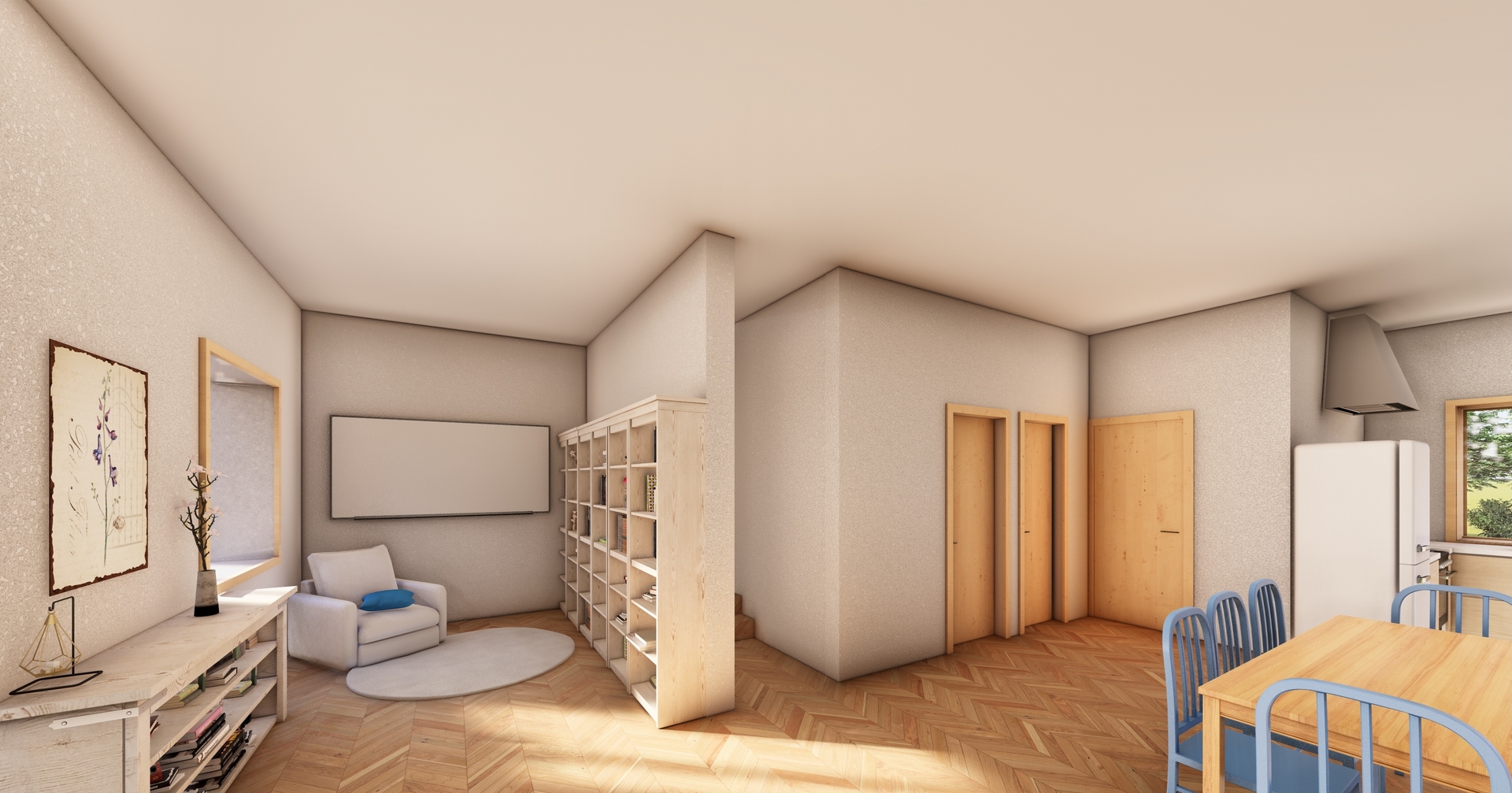 Wizualizacja wnętrza salonu z widokiem na biblioteczkę