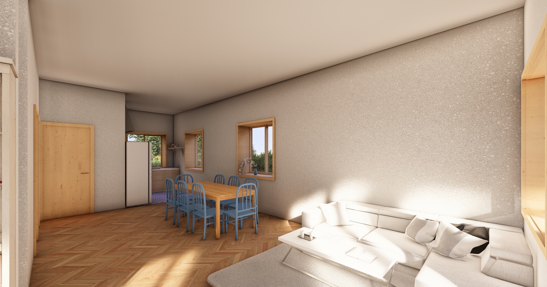 Wizualizacja wnętrza salonu z widokiem na kuchnię