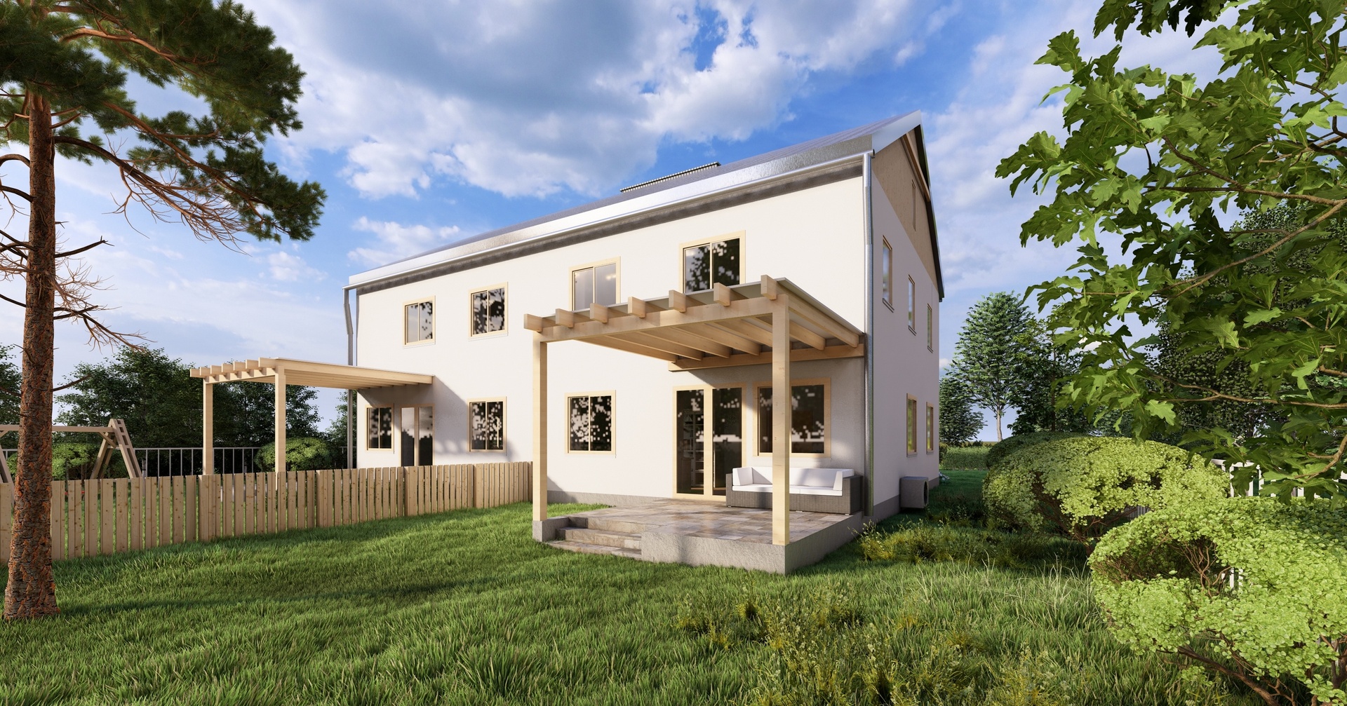 Wizualizacja budynku mieszkalnego jednorodzinnego od ogrodu