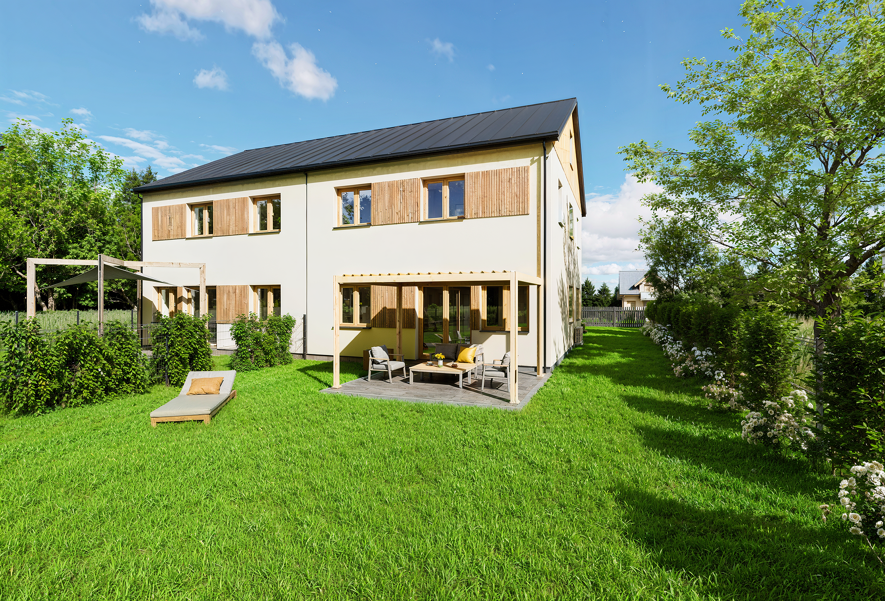 Wizualizacja budynku mieszkalnego jednorodzinnego od ogrodu