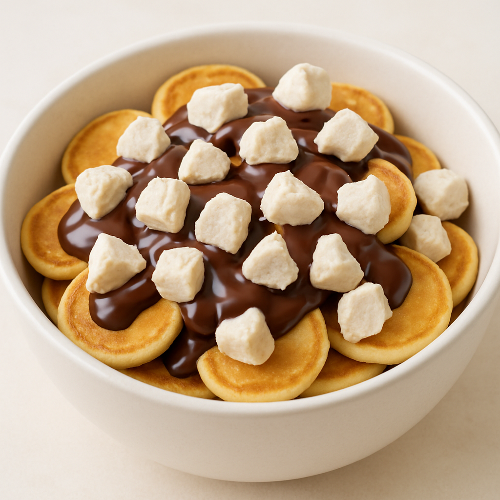 Mini pancakes in a white bowl topped with vanilla freeze-dried ice cream chunks and chocolate sauce