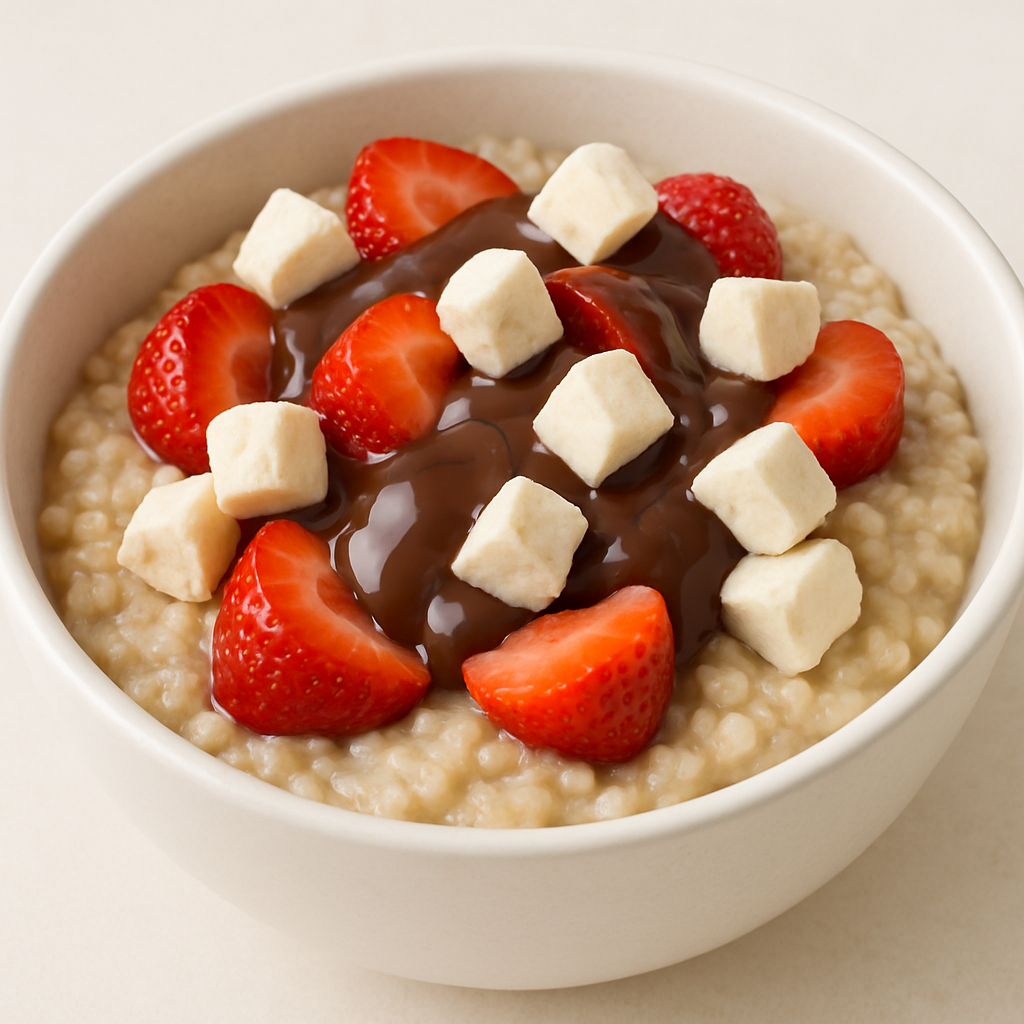 Creamy oatmeal bowl topped with fresh strawberries, vanilla freeze-dried ice cream chunks, and chocolate sauce