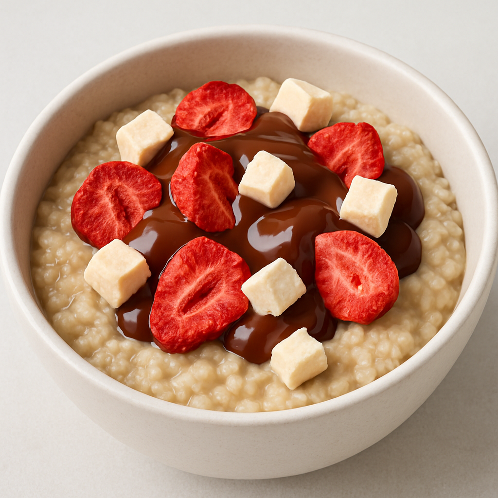 Creamy oatmeal bowl topped with freeze-dried strawberries, vanilla freeze-dried ice cream chunks, and chocolate drizzle