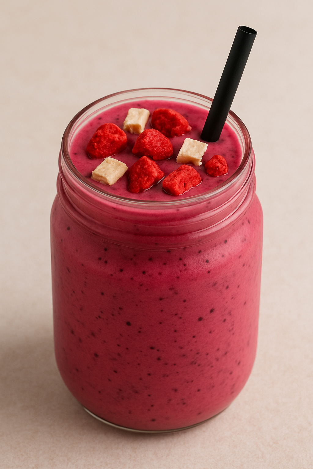 Vibrant pink smoothie in a clear glass jar, topped with freeze-dried strawberries and banana chunks, with a black straw