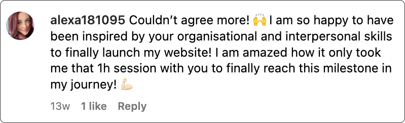 A comment from user alexa181095 expressing gratitude for organizational and interpersonal skills that helped her launch a website after a one-hour session. Includes emoji.