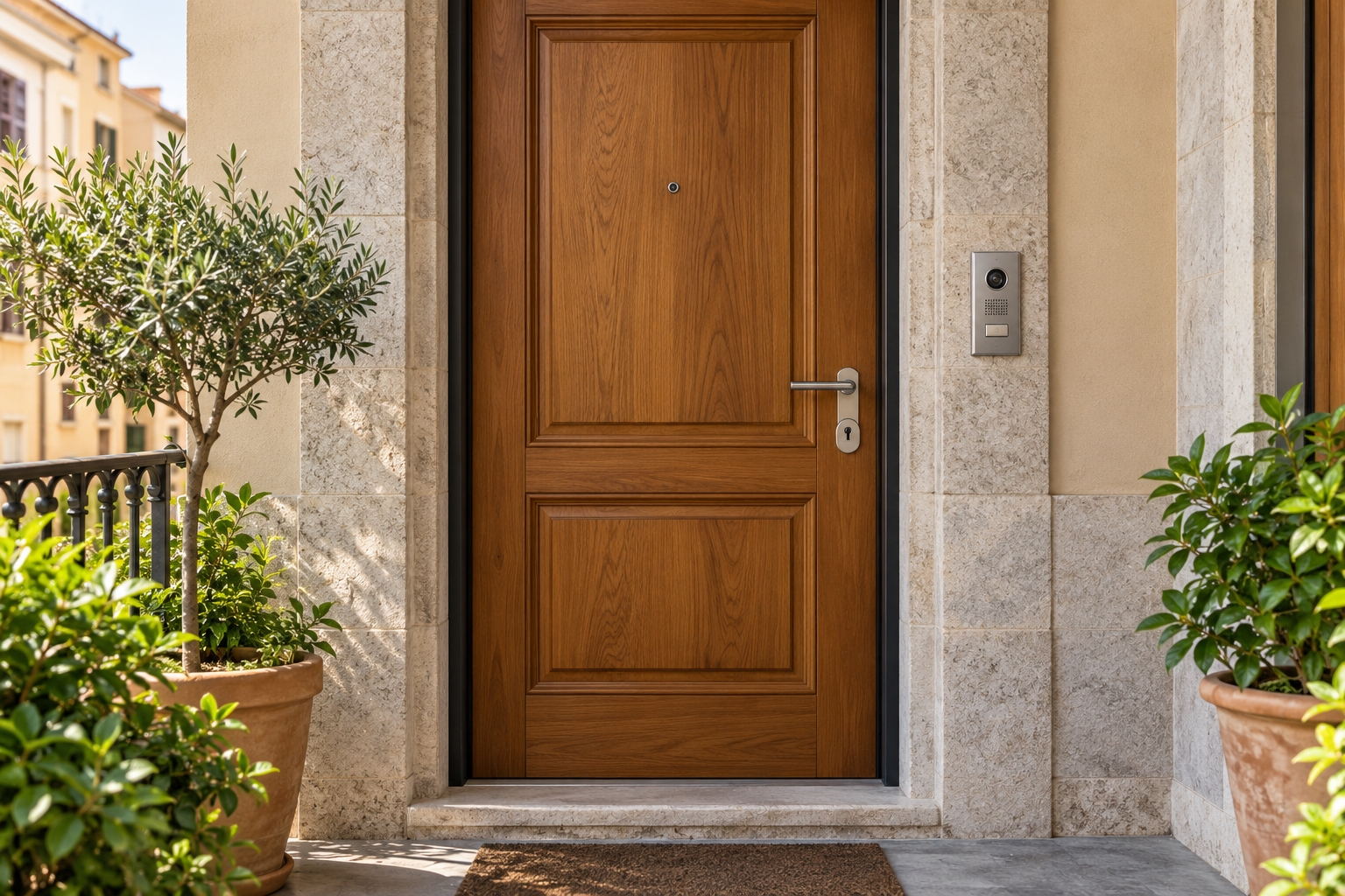 Porta residenziale con maniglia e cornice in pietra