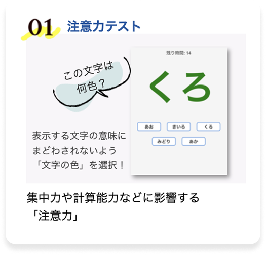 注意力テスト：表示する文字の意味にまどわされないよう「文字の色」を選択する