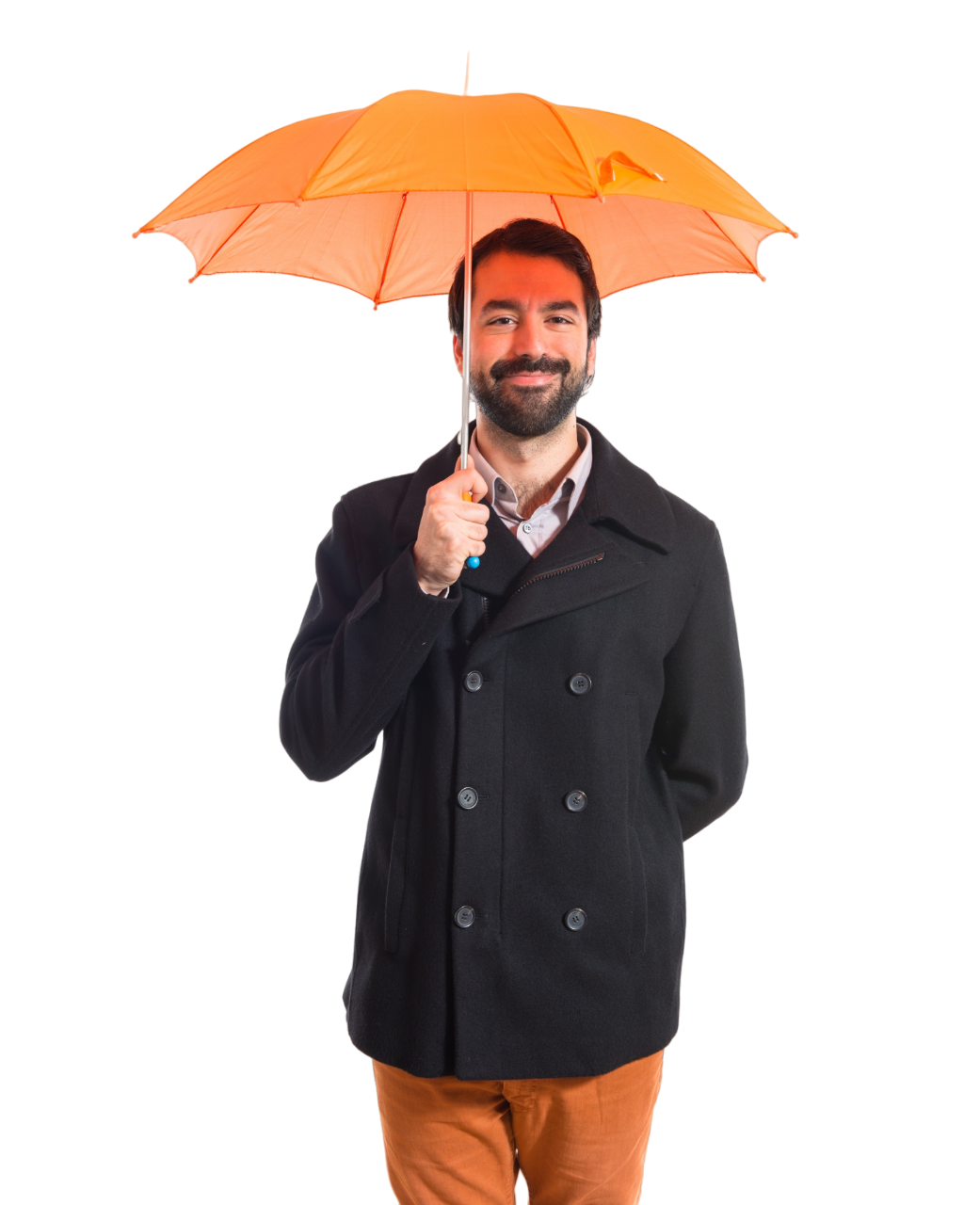 man holding an orange umbrella overhead