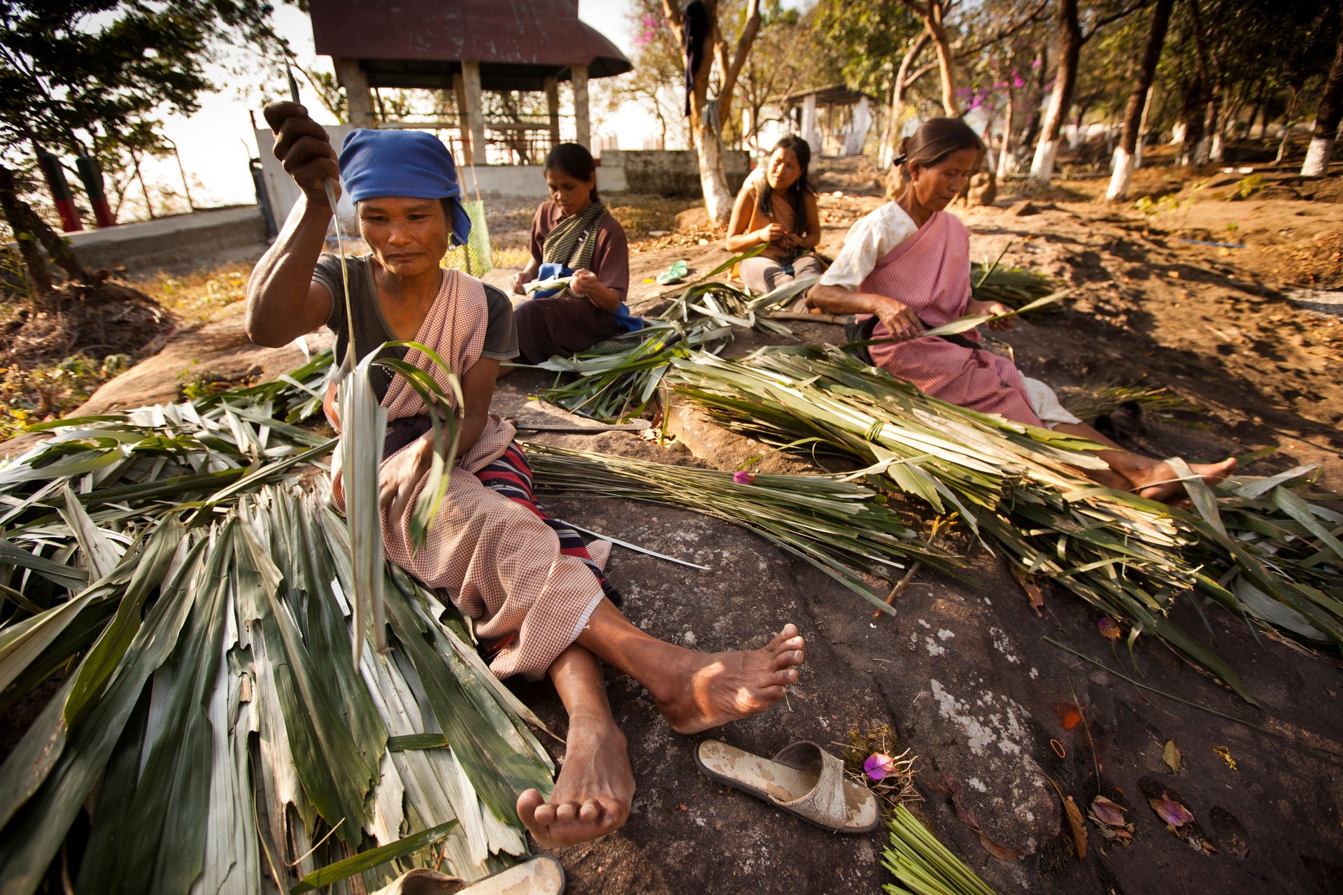 women from khasi tribe making brooms in meghalaya