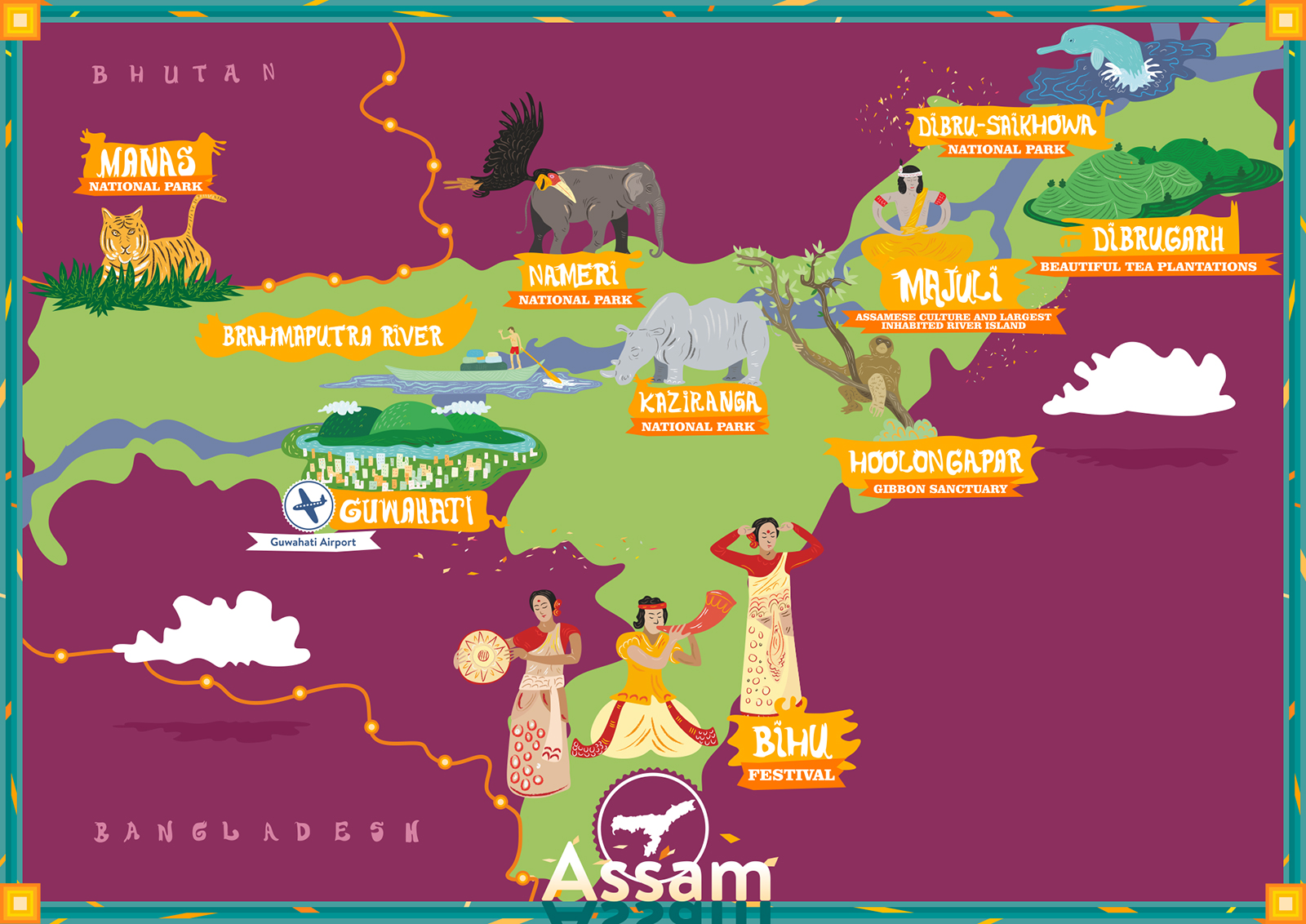 illustrated travel map of assam