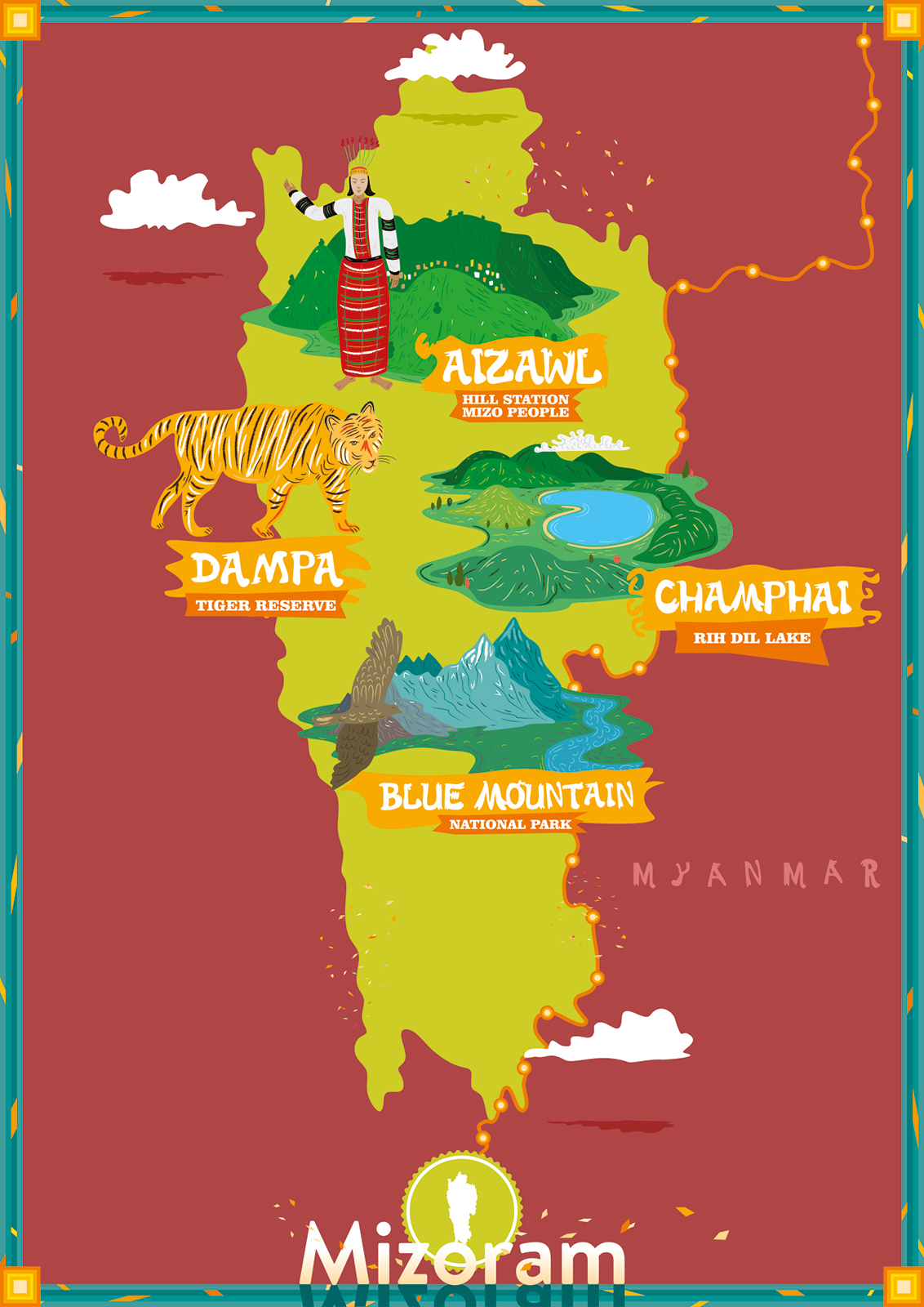 illustrated travel map of mizoram