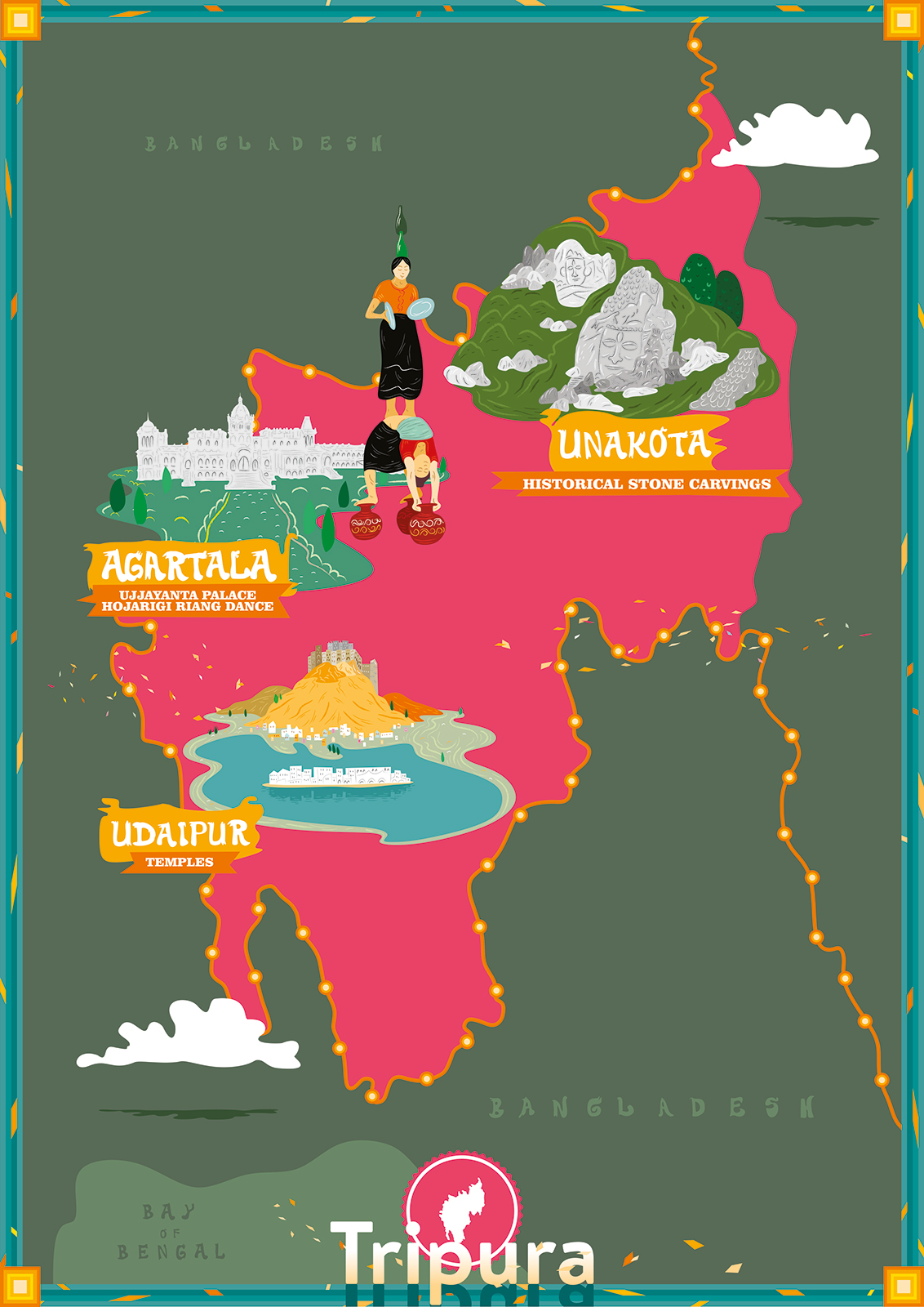 illustrated travel and tourism map of tripura