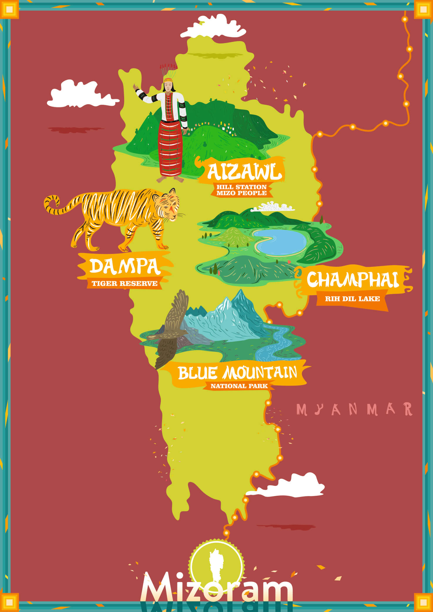 Illustrated Travel and Tourism Map of Mizoram