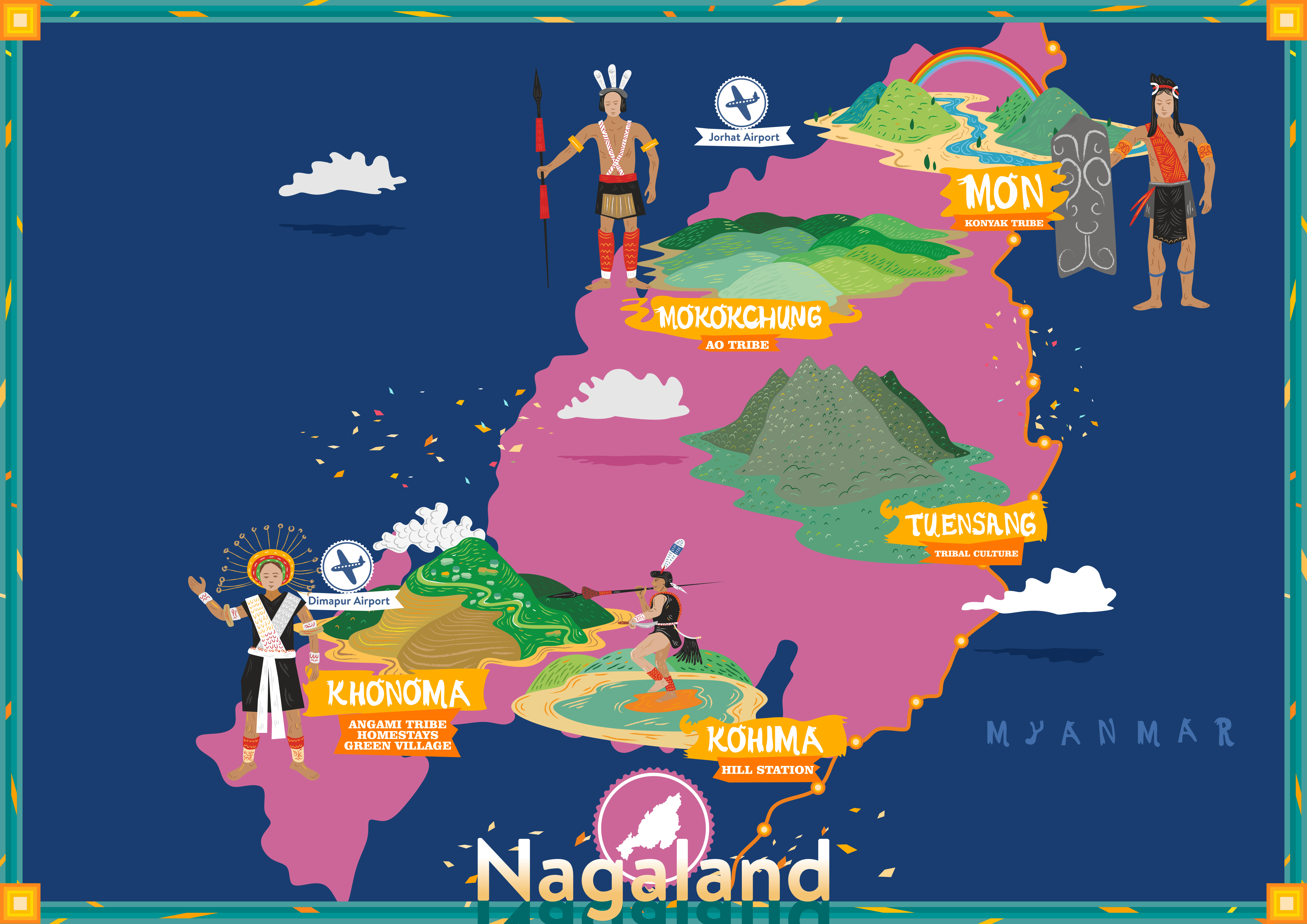 Illustrated Travel and Tourism Map of Nagaland