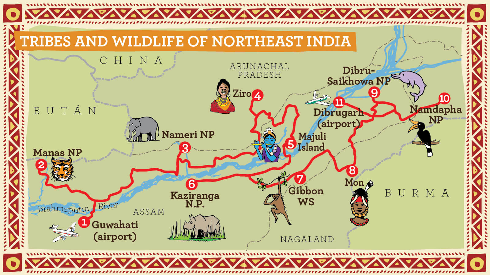 Illustrated Route Map for Wildlife and Tribal Tour of Northeast India