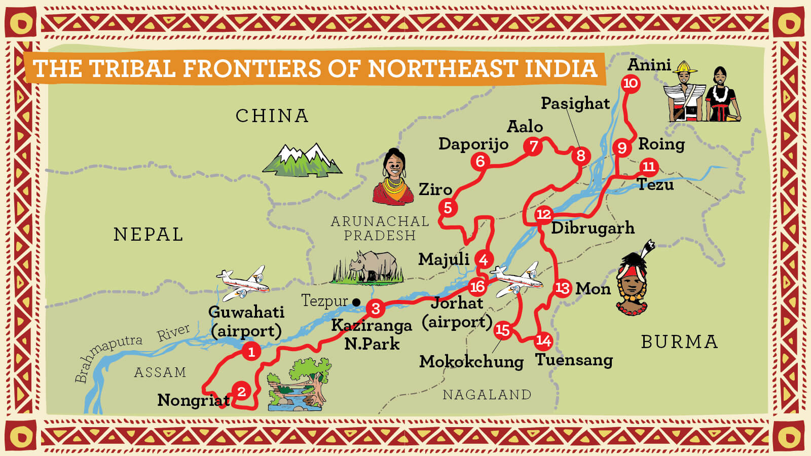 Illustrated Route Map for Northeast India Tribal Tour