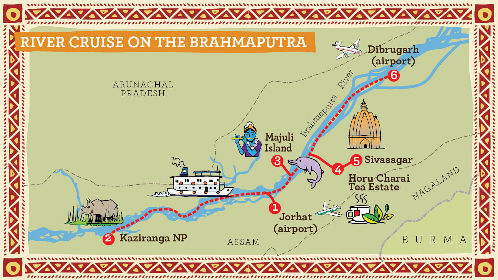 Illustrated Route Map for Brahmaputra River Cruise in Assam
