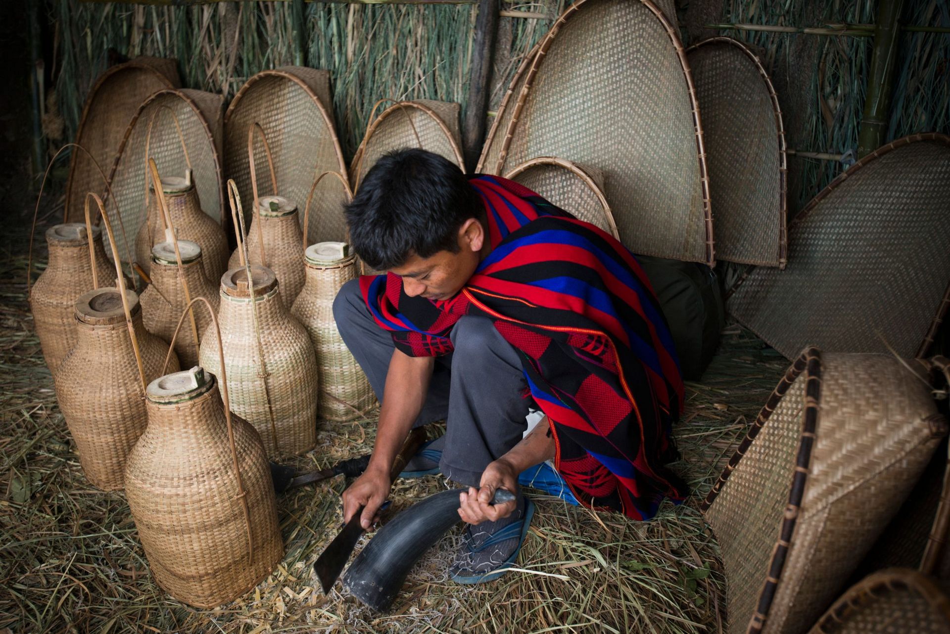 making rice beer mug from horns in nagaland