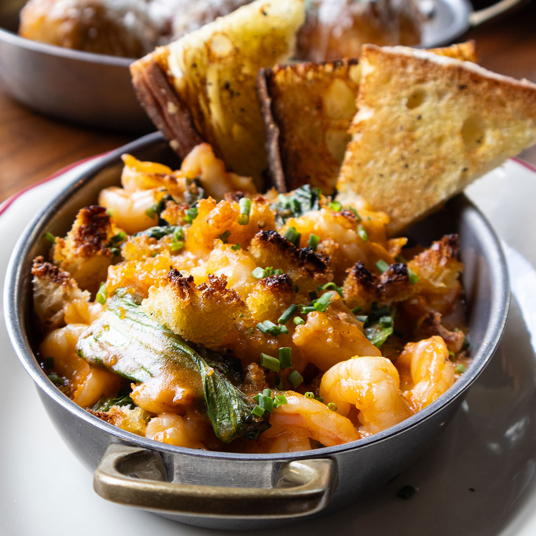 Gamberoni - Roasted Shrimp, Roasted Greens, Tomato &amp; Garlic Brandy Sauce, Herbed Breadcrumbs