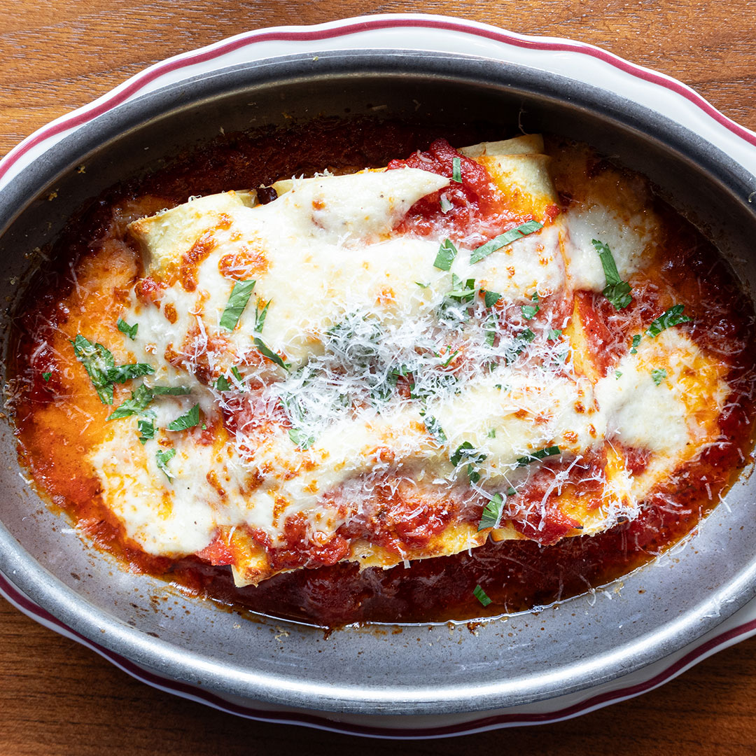 Cannelloni alla Fiorentina - Roasted Chicken &amp; Spinach Cannelloni, Tomato Sugo, Parmesan Crema