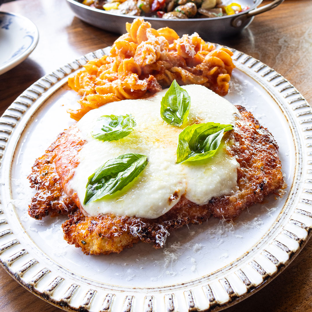 Pollo Parmigiana - Tomato Sauce, Fresh Mozzarella, 24 Months Aged Parmigiano, Fusilloni in Pomodoro Sauce