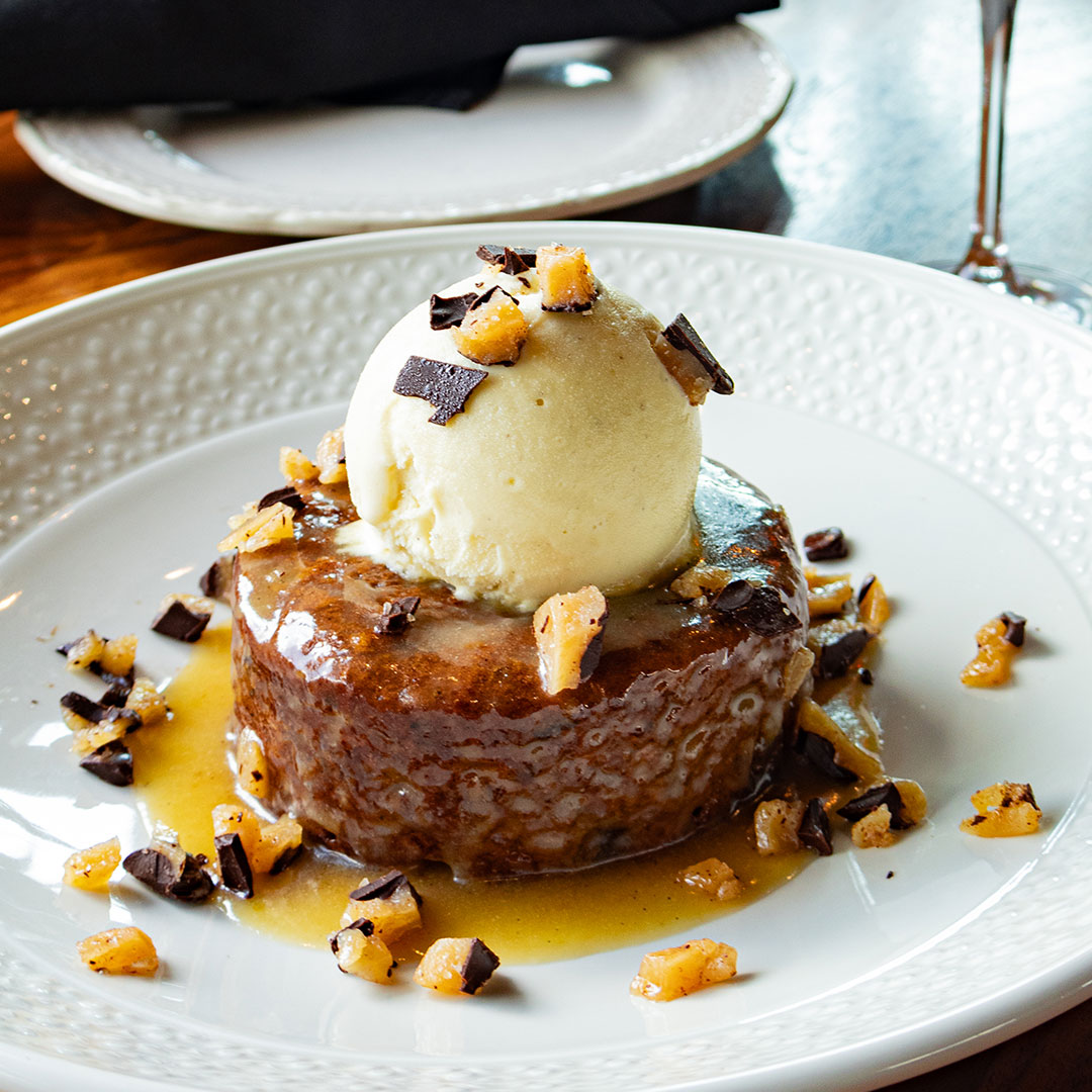 Warm Sticky Toffee Pudding - Carmel-Soaked Toffee Date Cake, Vanilla Bean Gelato, Brittle