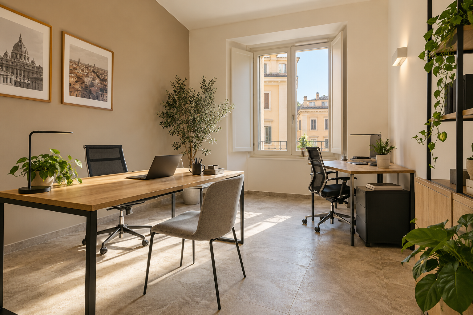 Ufficio ristrutturato con postazioni e finiture moderne