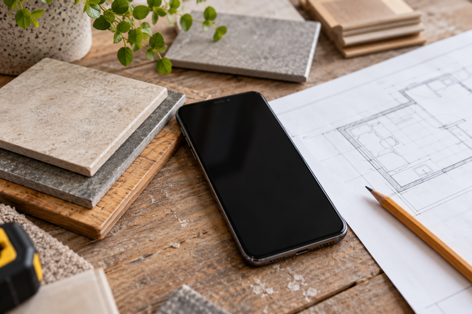 Telefono e campioni di materiali per una richiesta di preventivo
