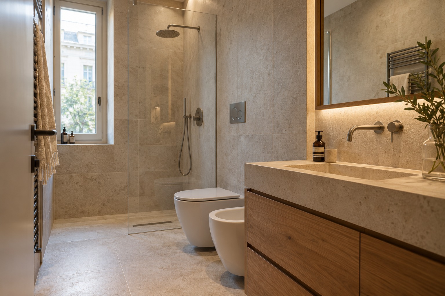 Bagno ristrutturato con doccia e rivestimenti chiari