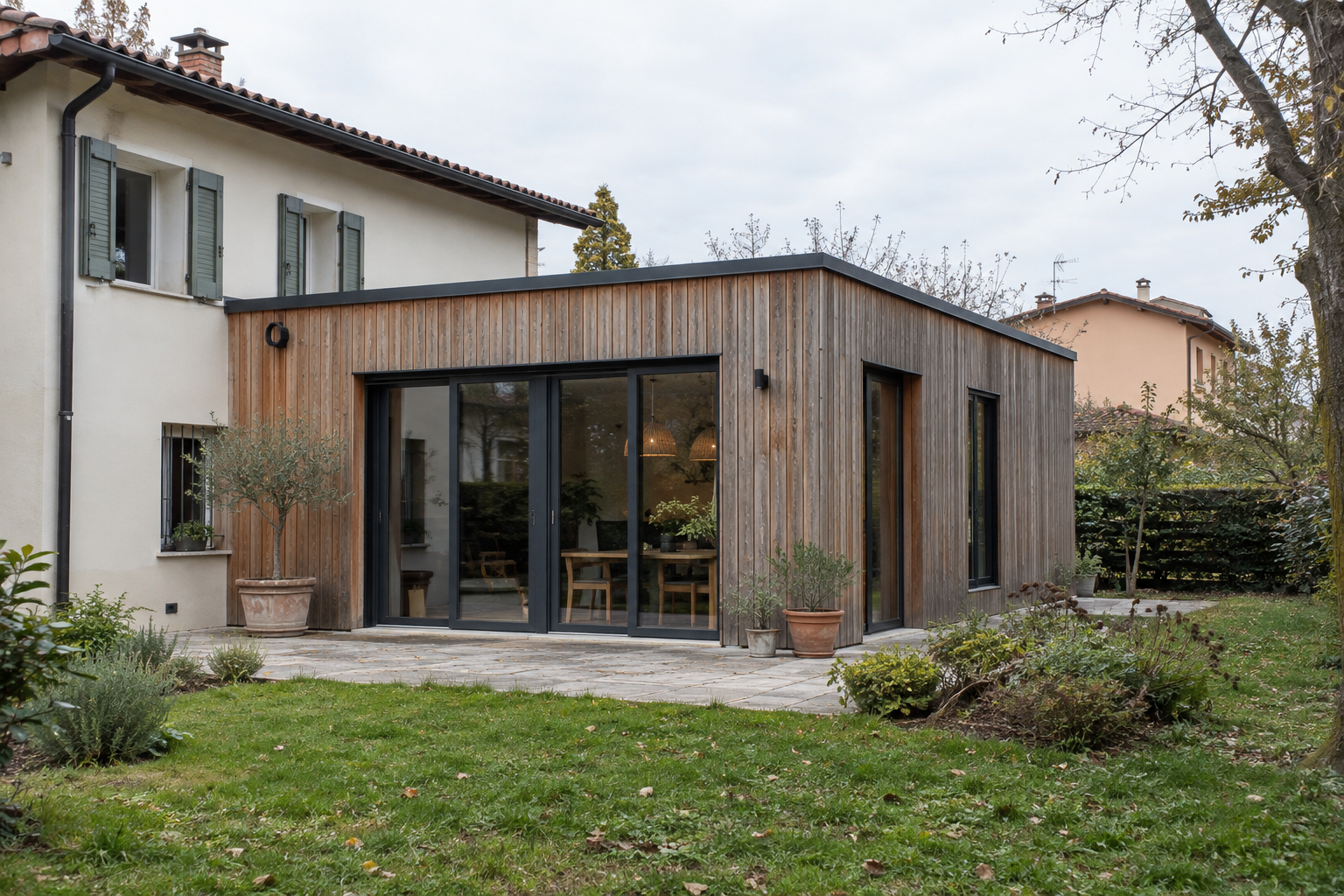 Struttura in legno integrata in una casa — immagine generata a scopo illustrativo