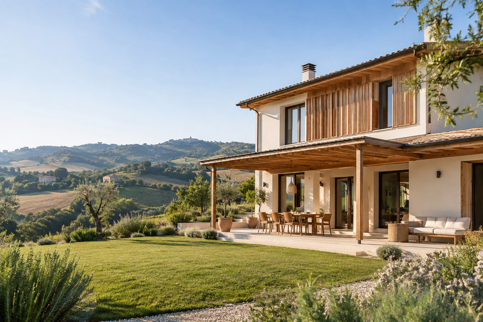 Casa in legno nel paesaggio romagnolo — immagine generata a scopo illustrativo